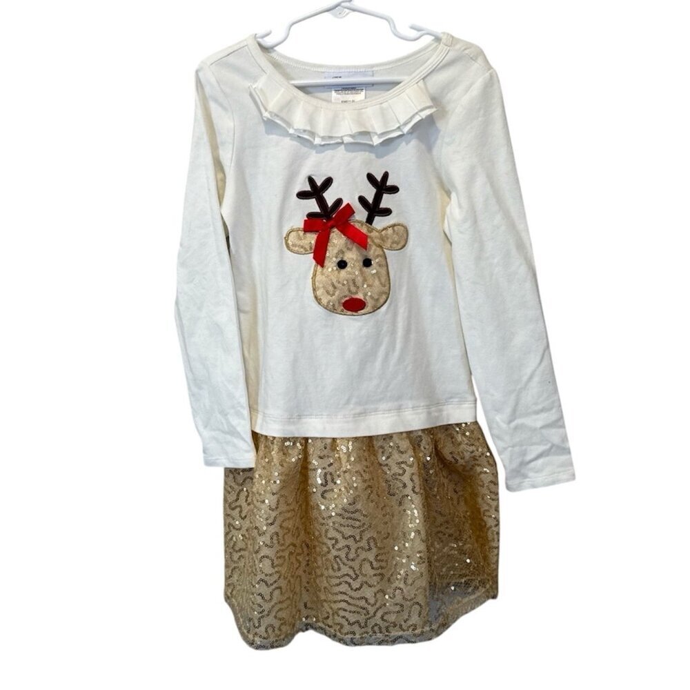 Bonnie Jean Girls Size 6x Reindeer Christmas Dress Gold Sparkle Rudolph Holiday